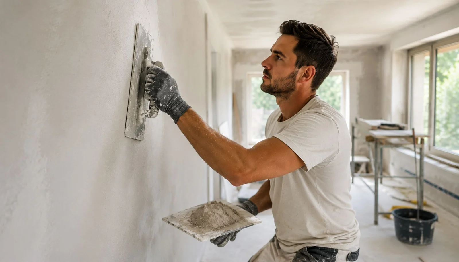 Stukadoor werkt met een spaan een binnenmuur glad af
