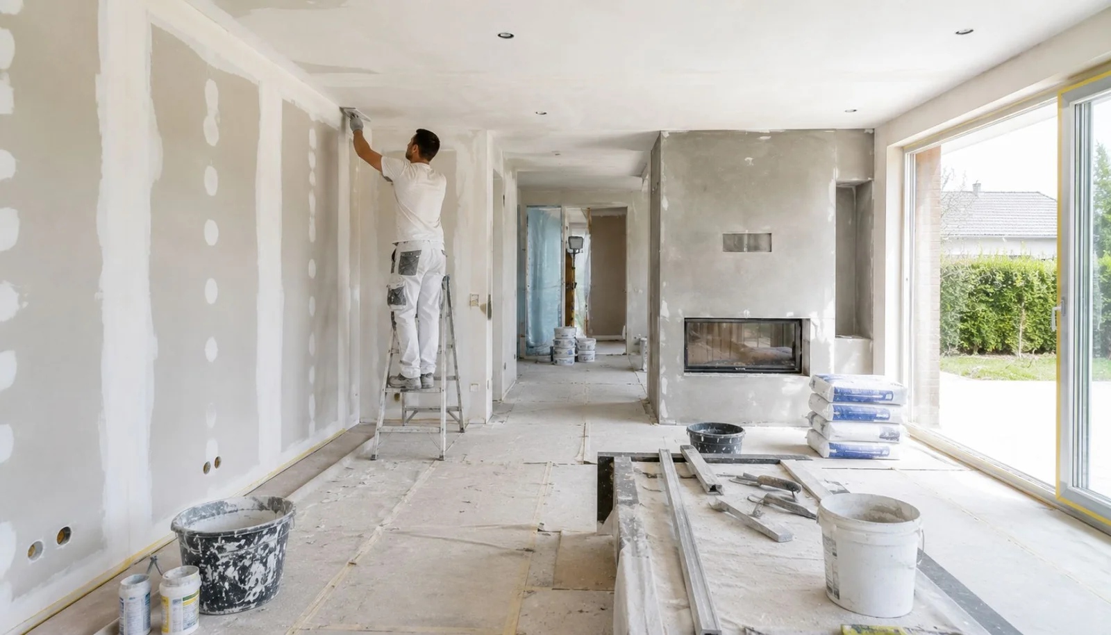 Stukadoor werkt een plafond af tijdens een woonkamerrenovatie