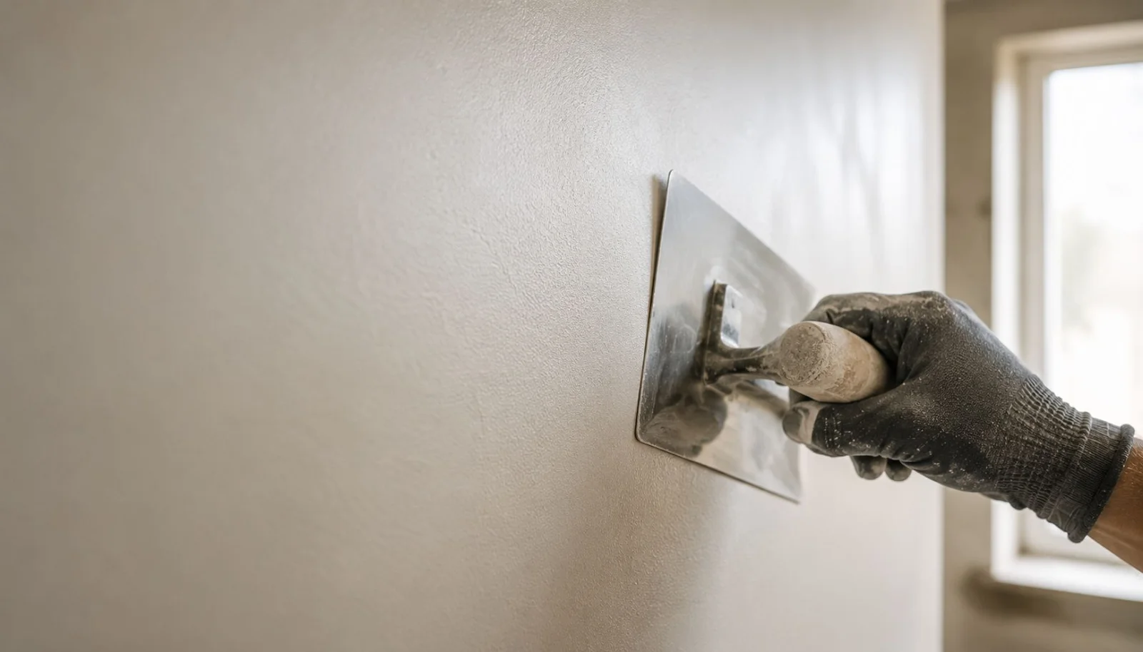 Gladgestreken witte muur met zijlicht dat de vlakheid toont