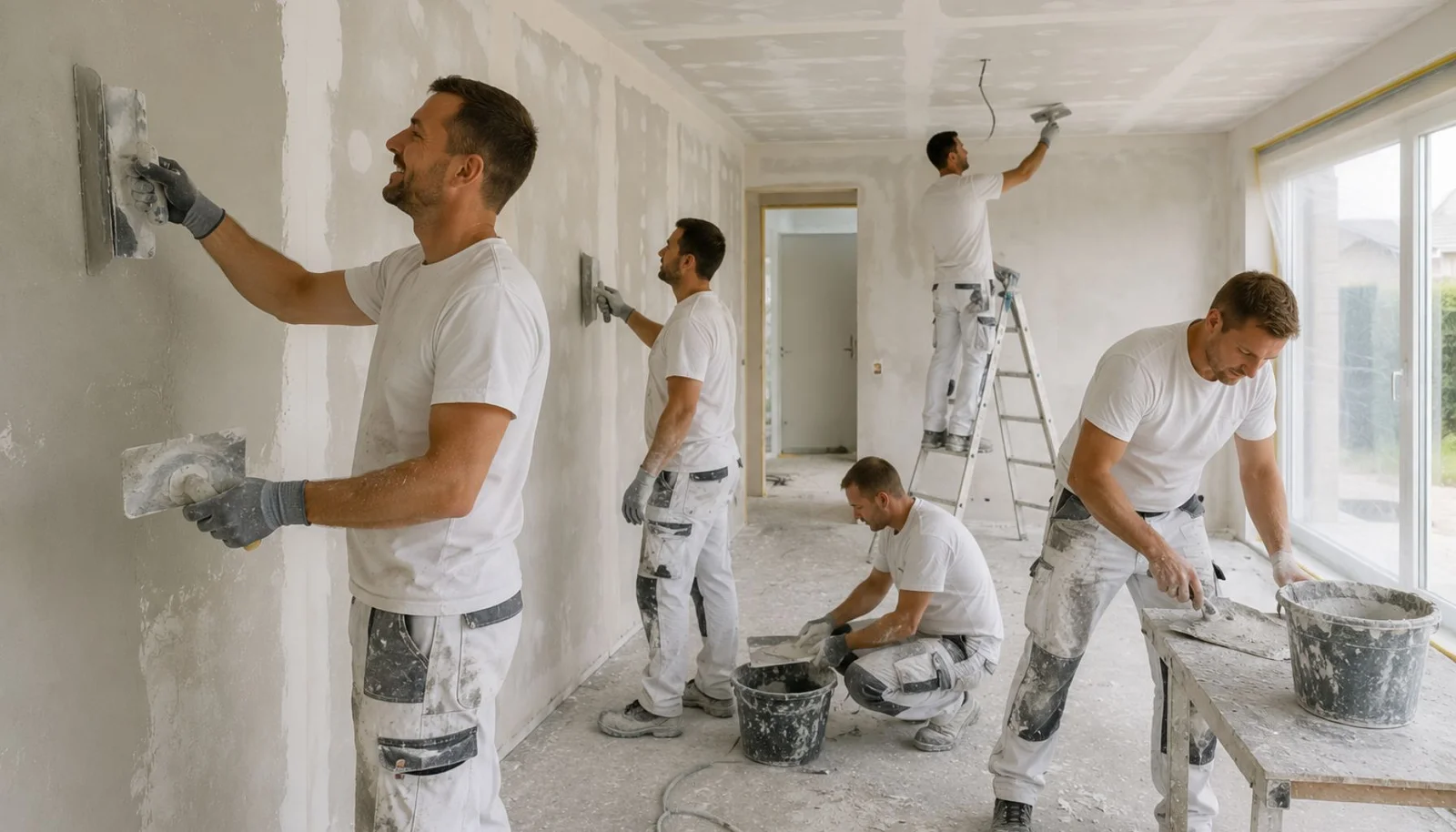 Stukadoors aan het werk in een volledig afgeplakte ruimte